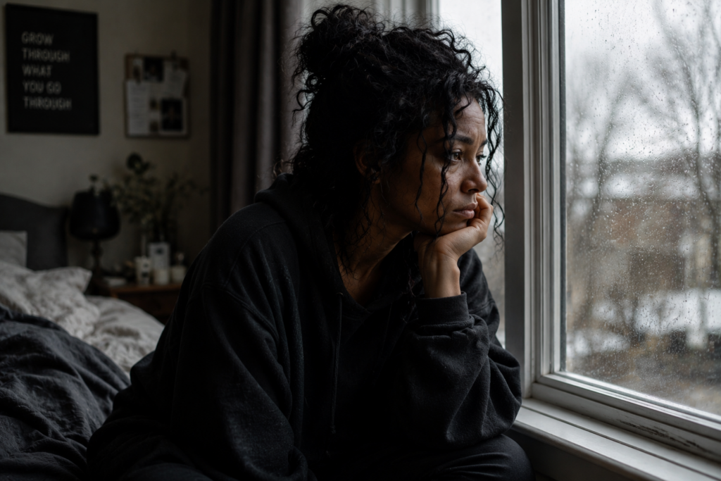woman experiencing signs of a life transition while looking out the window